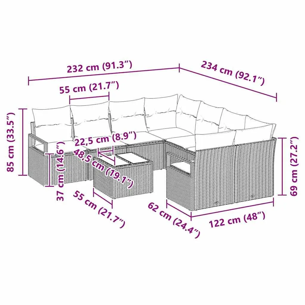 Outdoor Sofa Set 9 Piece Garden Patio Furniture Modular Rattan Seating with