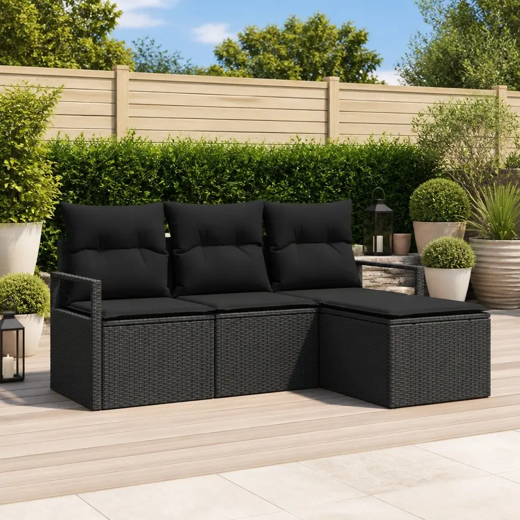 Outdoor Sofa Set 4 Piece Black Poly Rattan Garden Seating with Storage Cushions