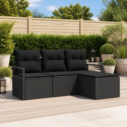 Outdoor Sofa Set 4 Piece Black Poly Rattan Garden Seating with Storage Cushions