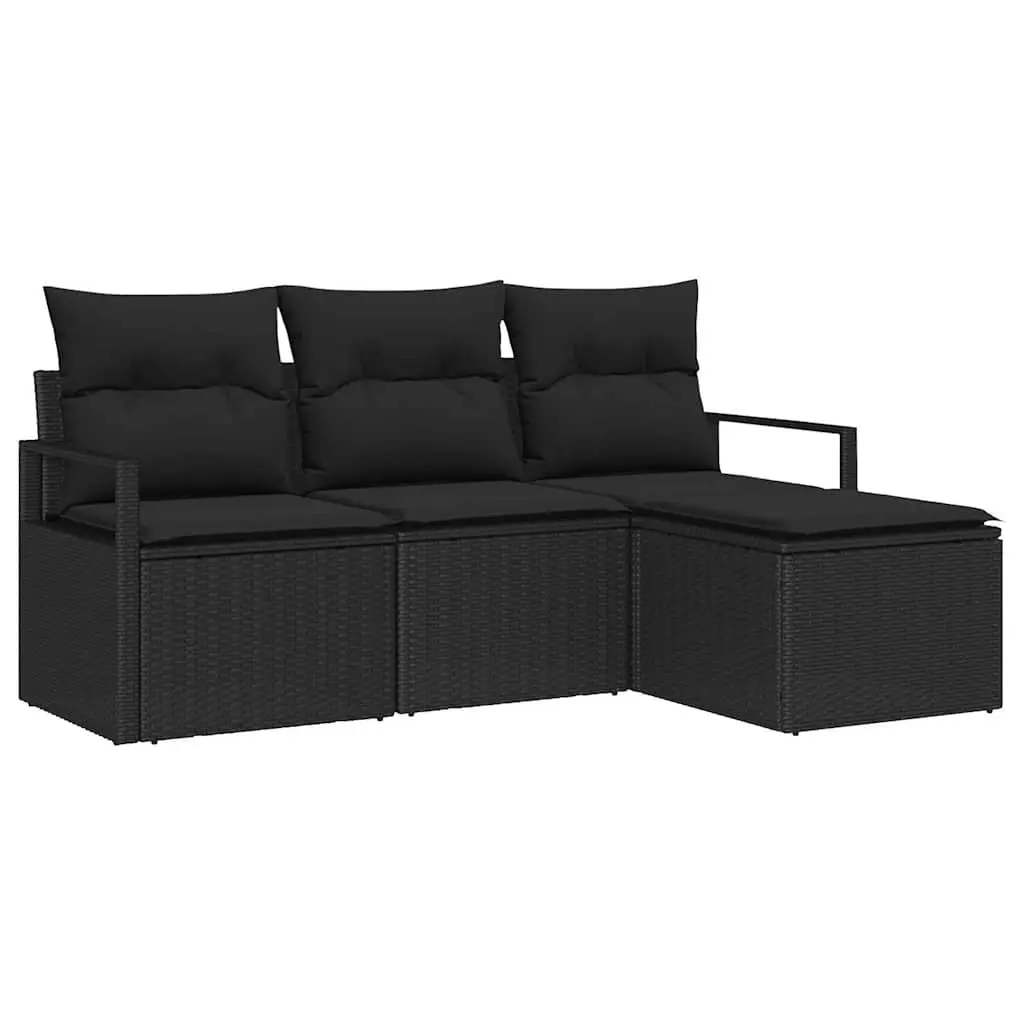 Outdoor Sofa Set 4 Piece Black Poly Rattan Garden Seating with Storage Cushions
