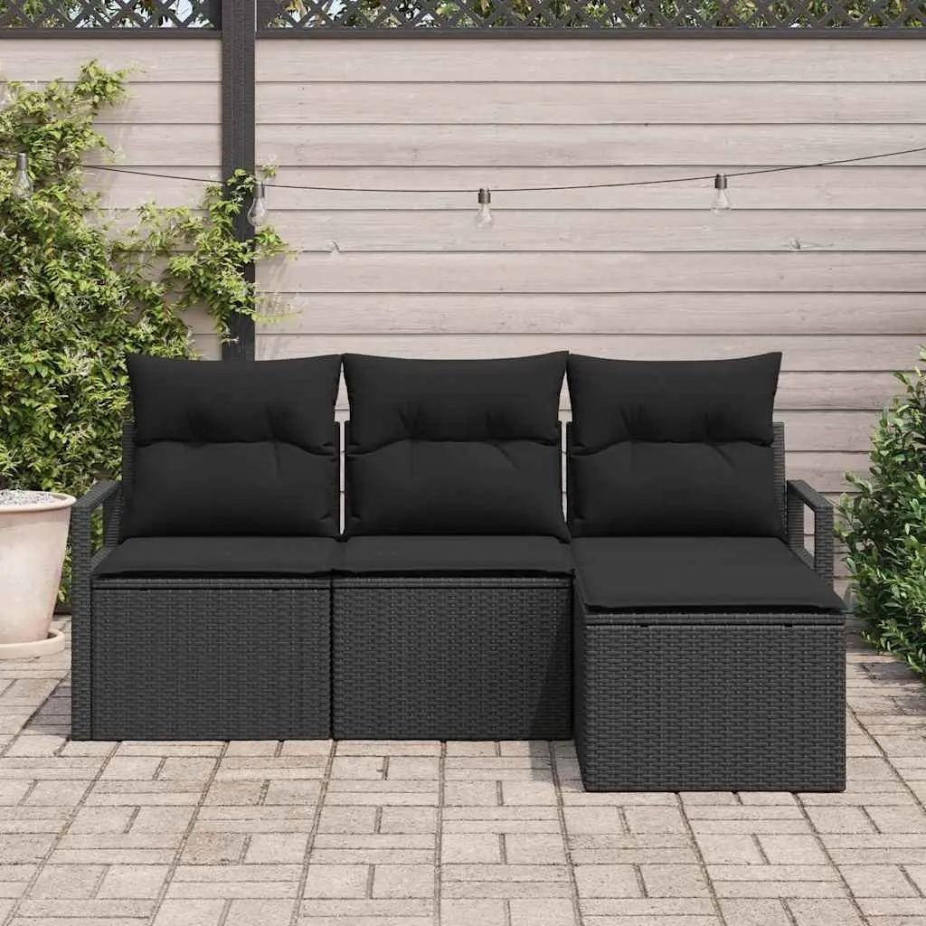 Outdoor Sofa Set 4 Piece Black Poly Rattan Garden Seating with Storage Cushions