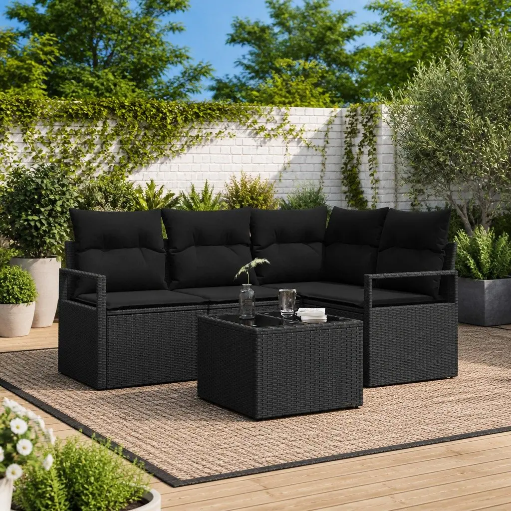 Outdoor Sofa Set 5 Pieces Black Poly Rattan Garden Seating with Storage Cushions