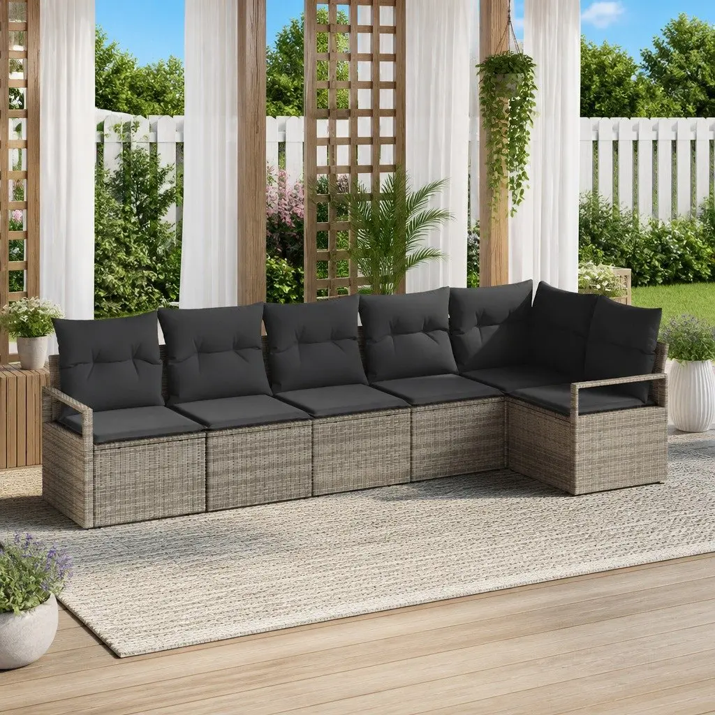 Outdoor Garden Sofa Set 6 Piece Grey Poly Rattan Modular Seating with Cushions