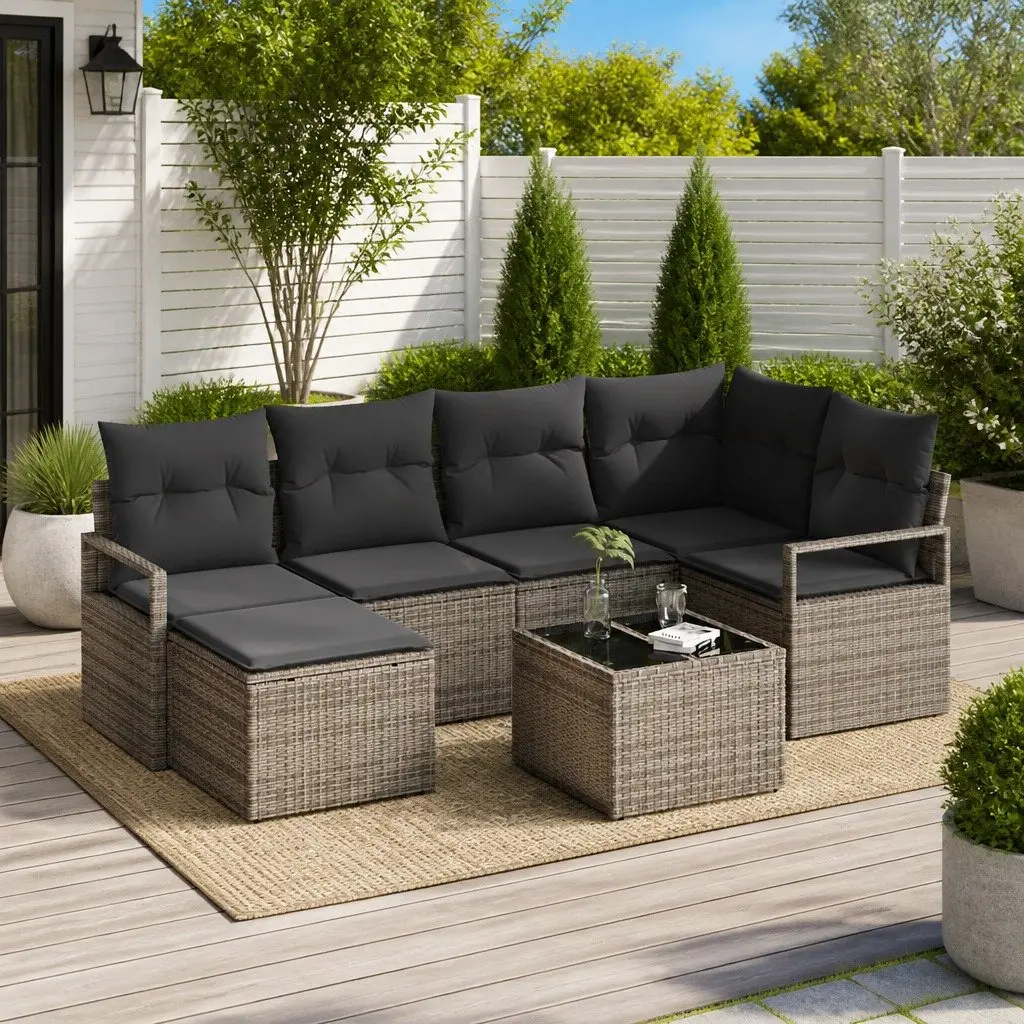 Outdoor Sofa Set 7 pcs Light Grey Poly Rattan Modular Garden Seating Storage