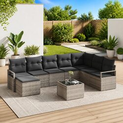 Outdoor Sofa Set 9pcs Garden Seating Light Grey Poly Rattan Modular with Storage