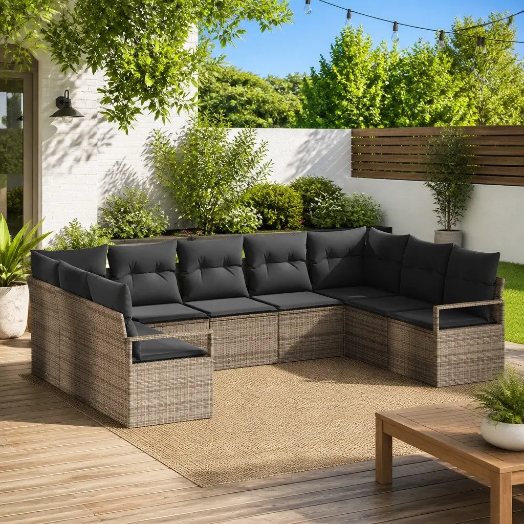 Garden Sofa Set 9 Piece Outdoor Seating Grey Poly Rattan Patio Furniture with Cushions
