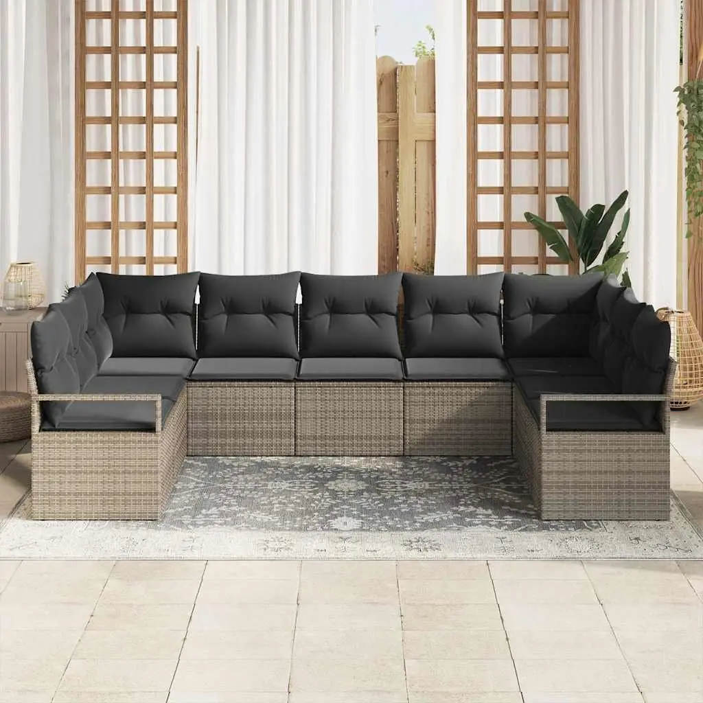 Garden Sofa Set 9 Piece Outdoor Seating Grey Poly Rattan Patio Furniture with Cushions