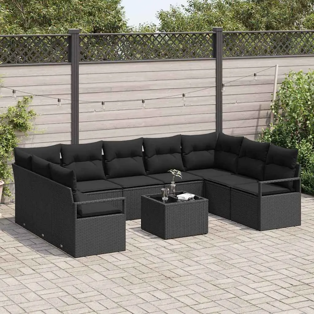 Outdoor Garden Sofa Set 10 Piece Black Poly Rattan Patio Furniture with Cushions