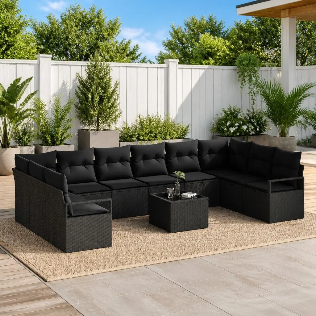 Modular Outdoor Sofa Set 11 Pieces Black Poly Rattan Patio Seating
