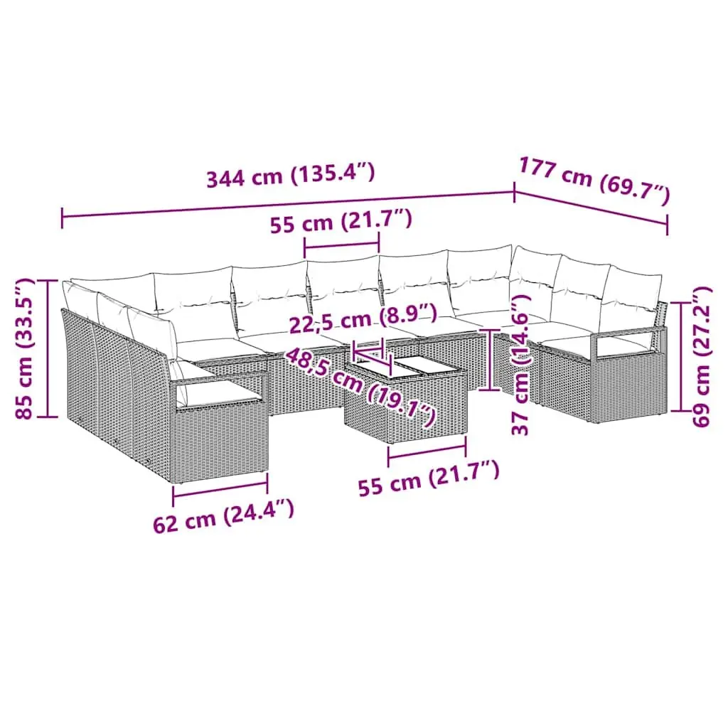 Modular Outdoor Sofa Set 11 Pieces Black Poly Rattan Patio Seating