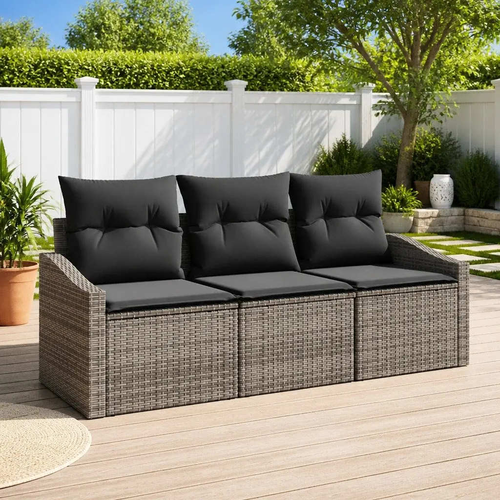 Garden Sofa Set 3 Piece Outdoor Seating Grey Poly Rattan with Cushions