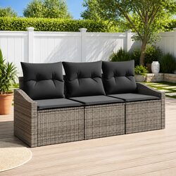 Garden Sofa Set 3 Piece Grey Outdoor Seating Poly Rattan with Cushions
