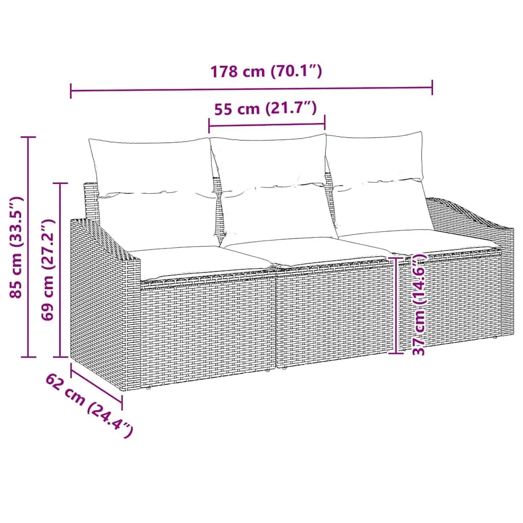 Garden Sofa Set 3 Piece Outdoor Seating Grey Poly Rattan with Cushions
