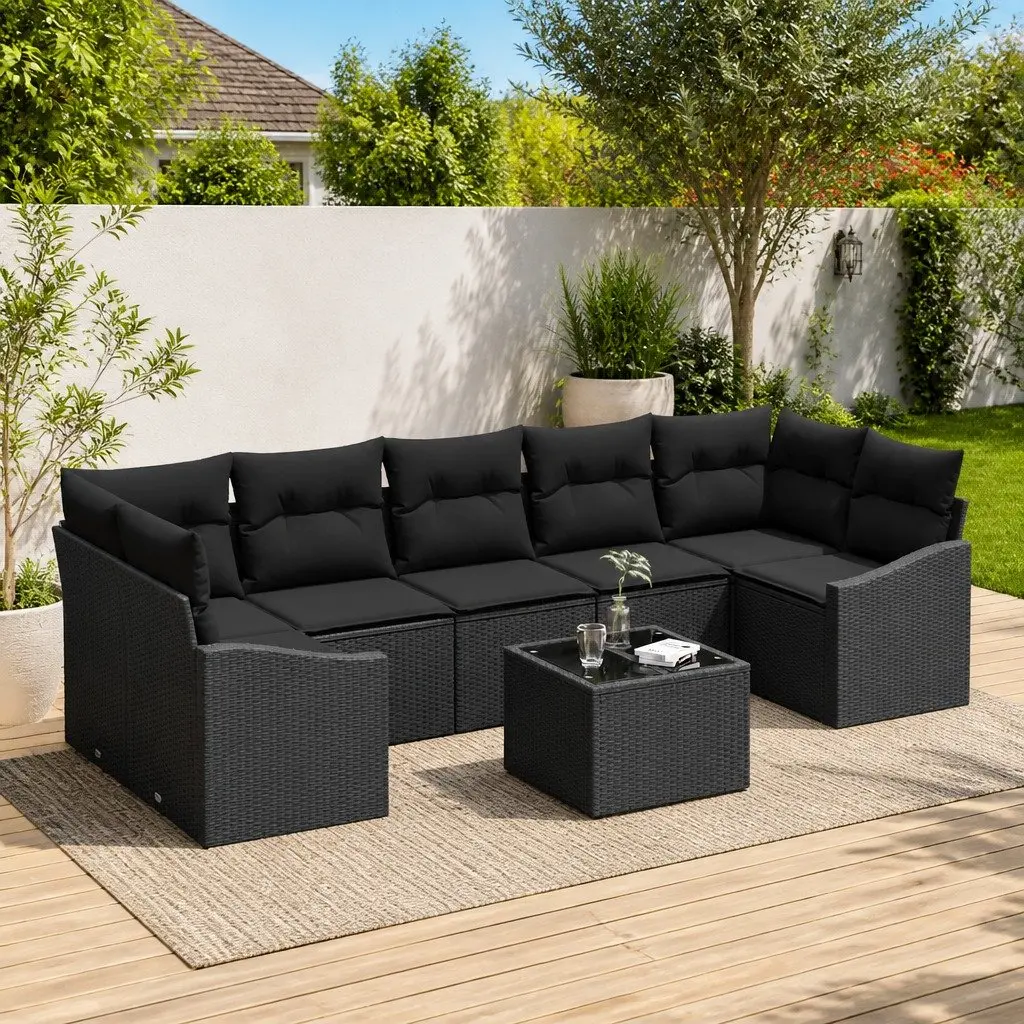 Outdoor Sofa Set 8pcs Black Poly Rattan Garden Seating with Cushions Storage