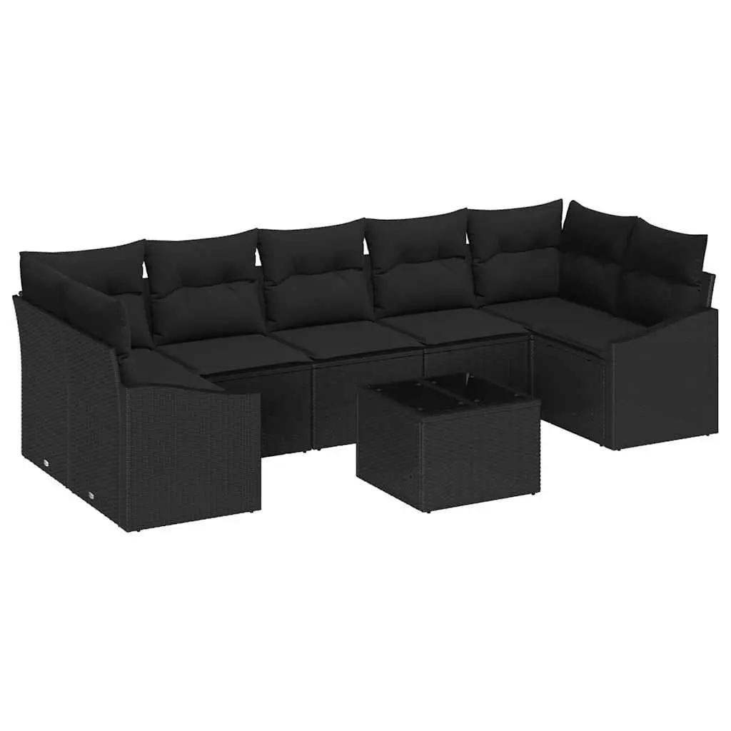 Outdoor Sofa Set 8pcs Black Poly Rattan Garden Seating with Cushions Storage