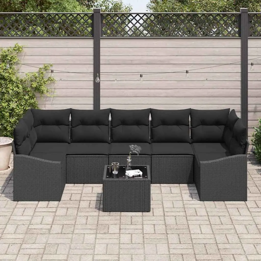 Outdoor Sofa Set 8pcs Black Poly Rattan Garden Seating with Cushions Storage