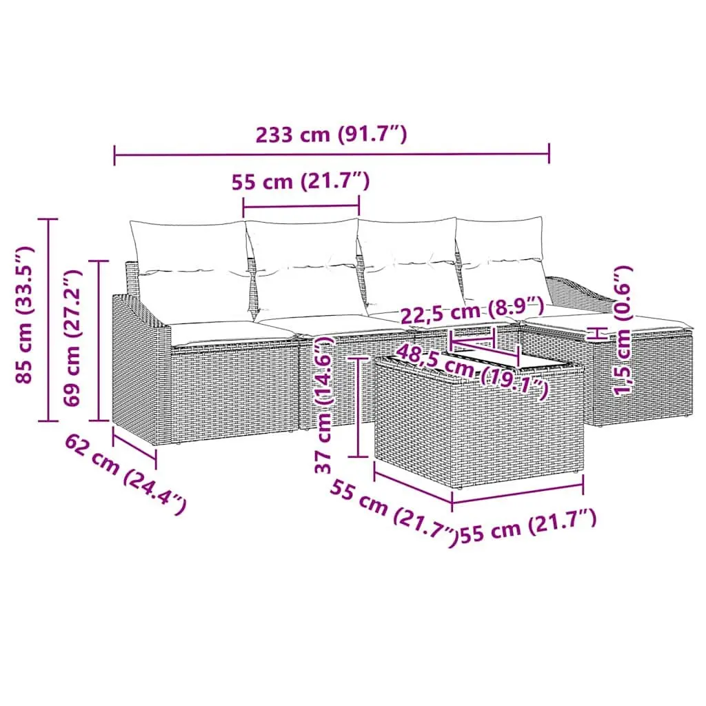Outdoor Sofa Set Modular Lounge 6 Piece Black Poly Rattan Garden Furniture