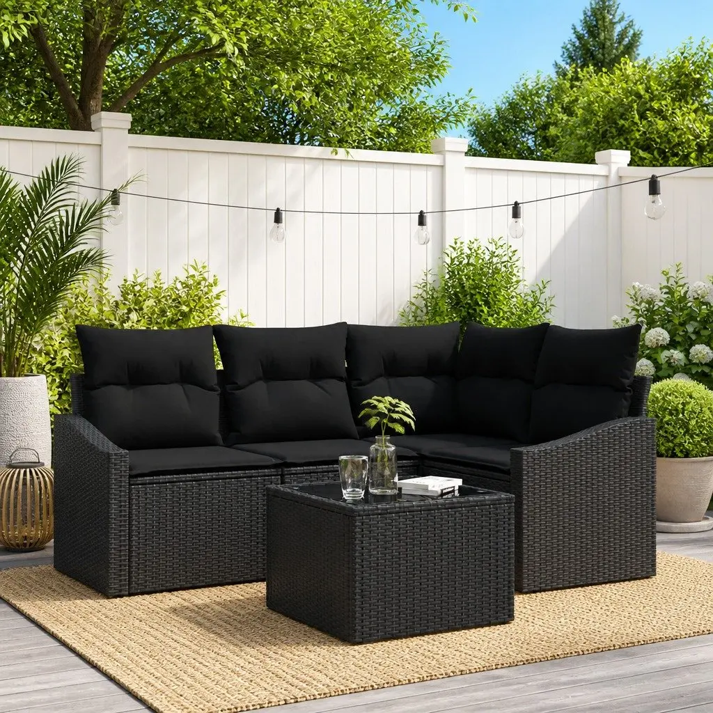 Outdoor Garden Sofa Set 5 Piece Black Poly Rattan Sectional Furniture