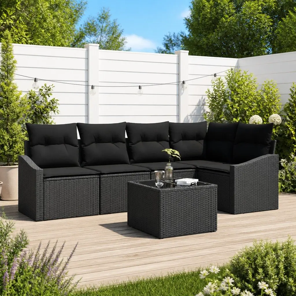 Outdoor Garden Sofa Set Modular Seating 6 Pieces Black Poly Rattan with Cushions