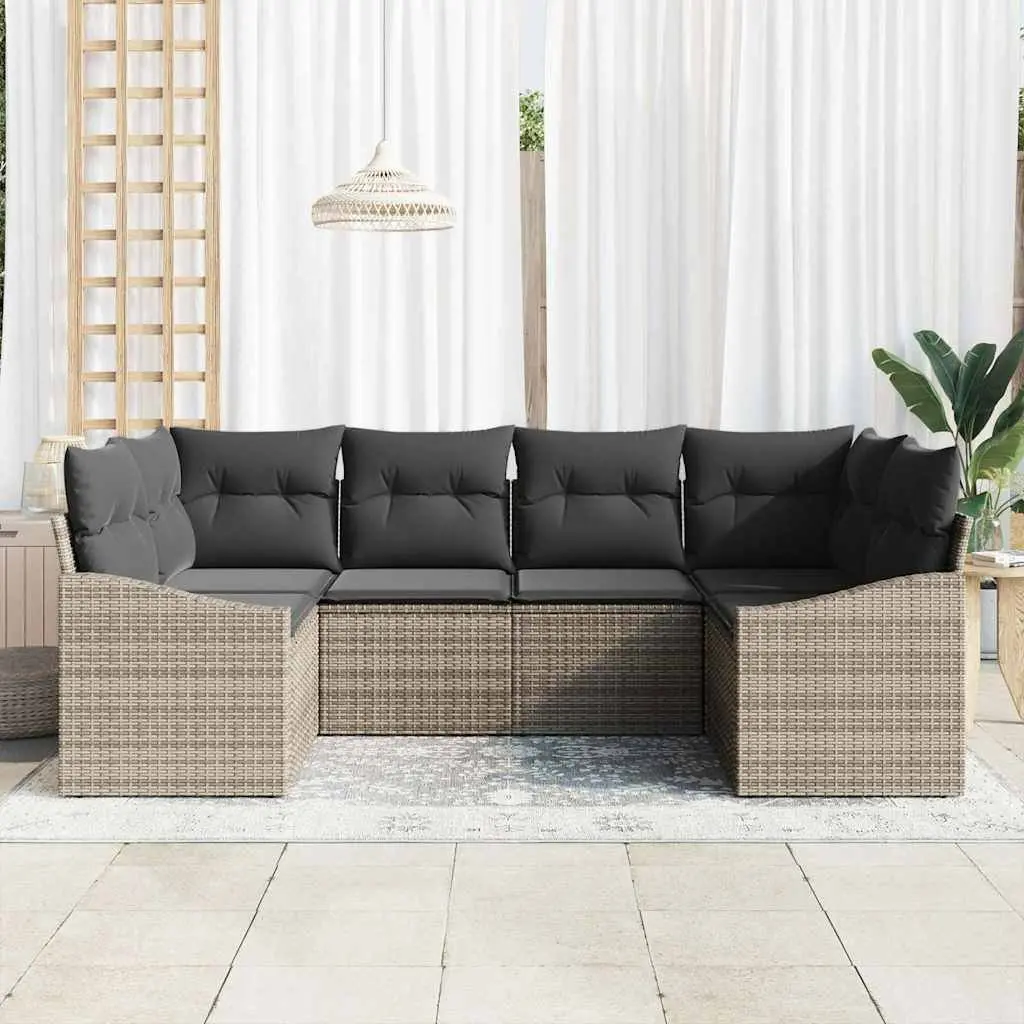 Modular Garden Sofa Set 6 Piece Seating Grey Poly Rattan Acacia Wood
