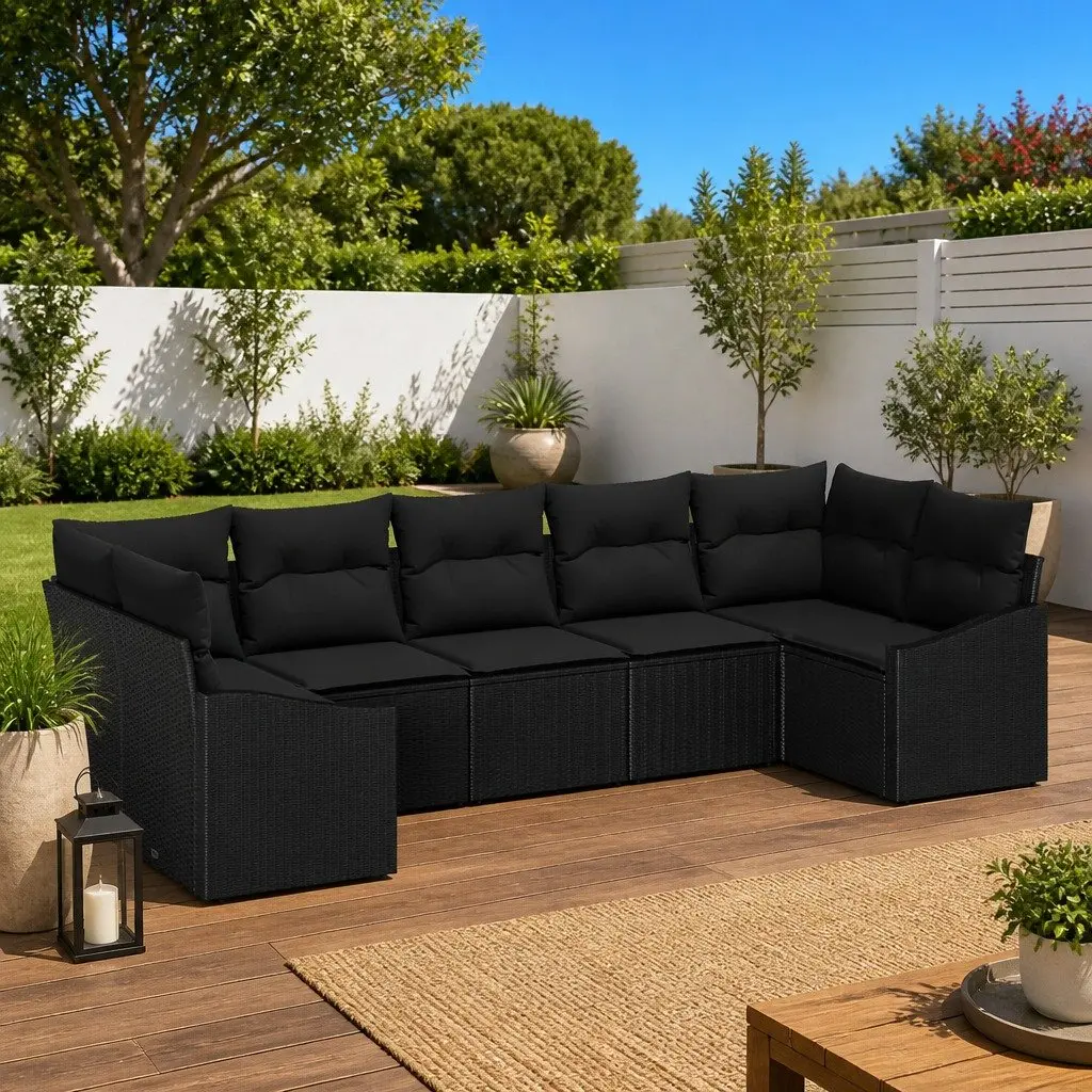 Modular Garden Sofa Set 7 Pieces Outdoor Seating Black Poly Rattan with Storage