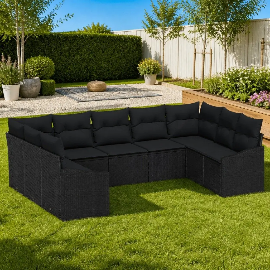 9 Piece Modular Garden Sofa Set with Storage Black Poly Rattan Outdoor Furniture