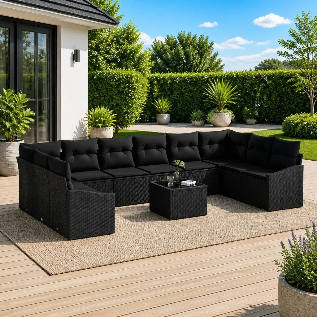 Modular Garden Sofa Set Outdoor Living Cushioned Black Poly Rattan