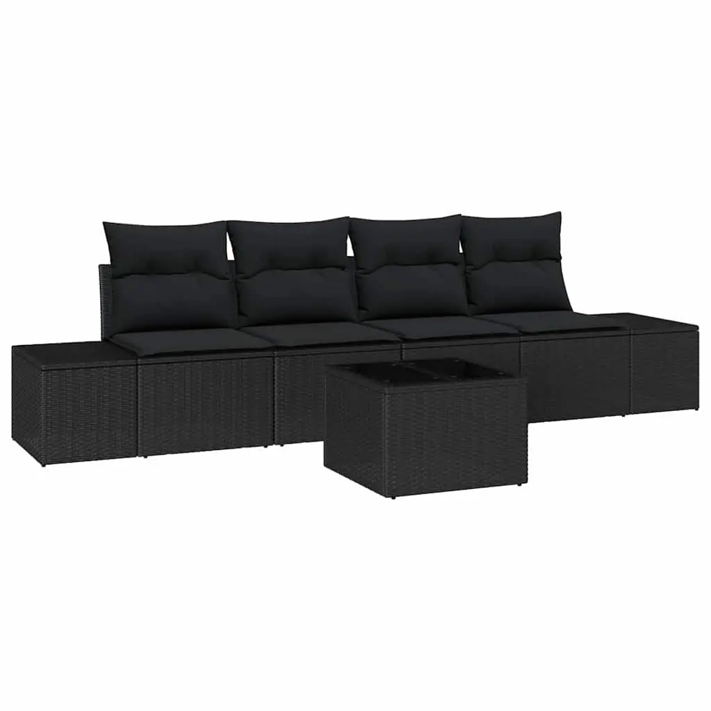 5 Piece Outdoor Garden Sofa Set Black Poly Rattan Patio Furniture with Cushions