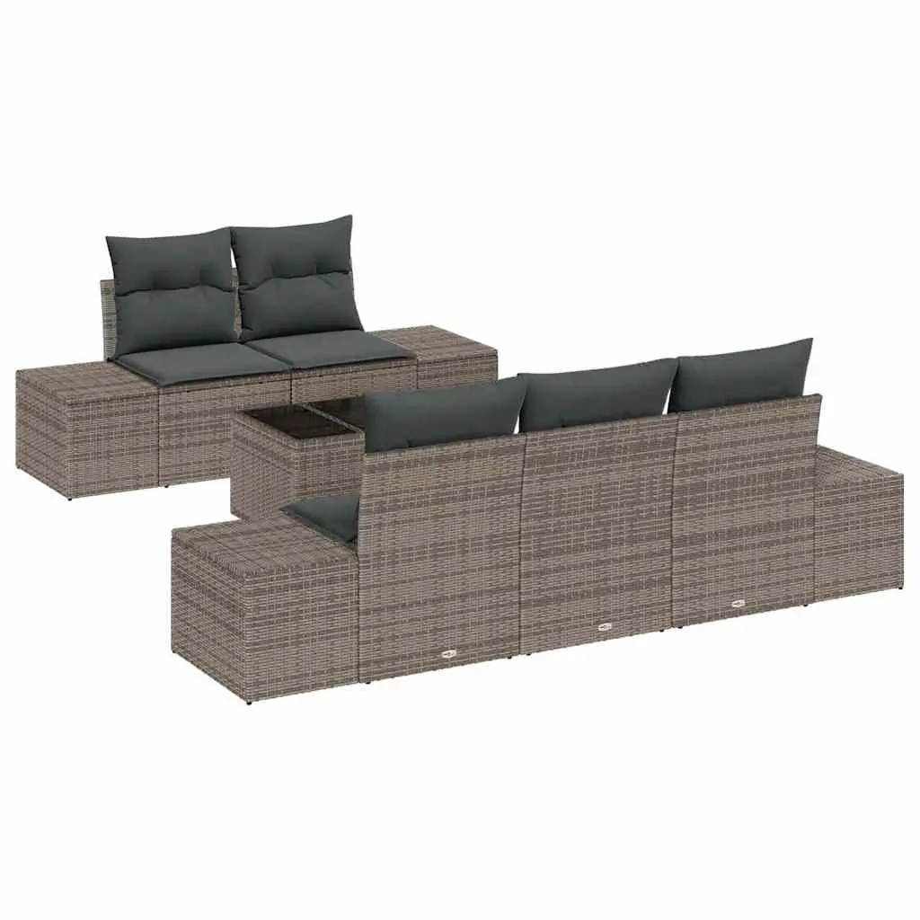 Outdoor Furniture Sofa Set Grey Poly Rattan 6 Piece with Glass Table for Patio Garden and Terrace