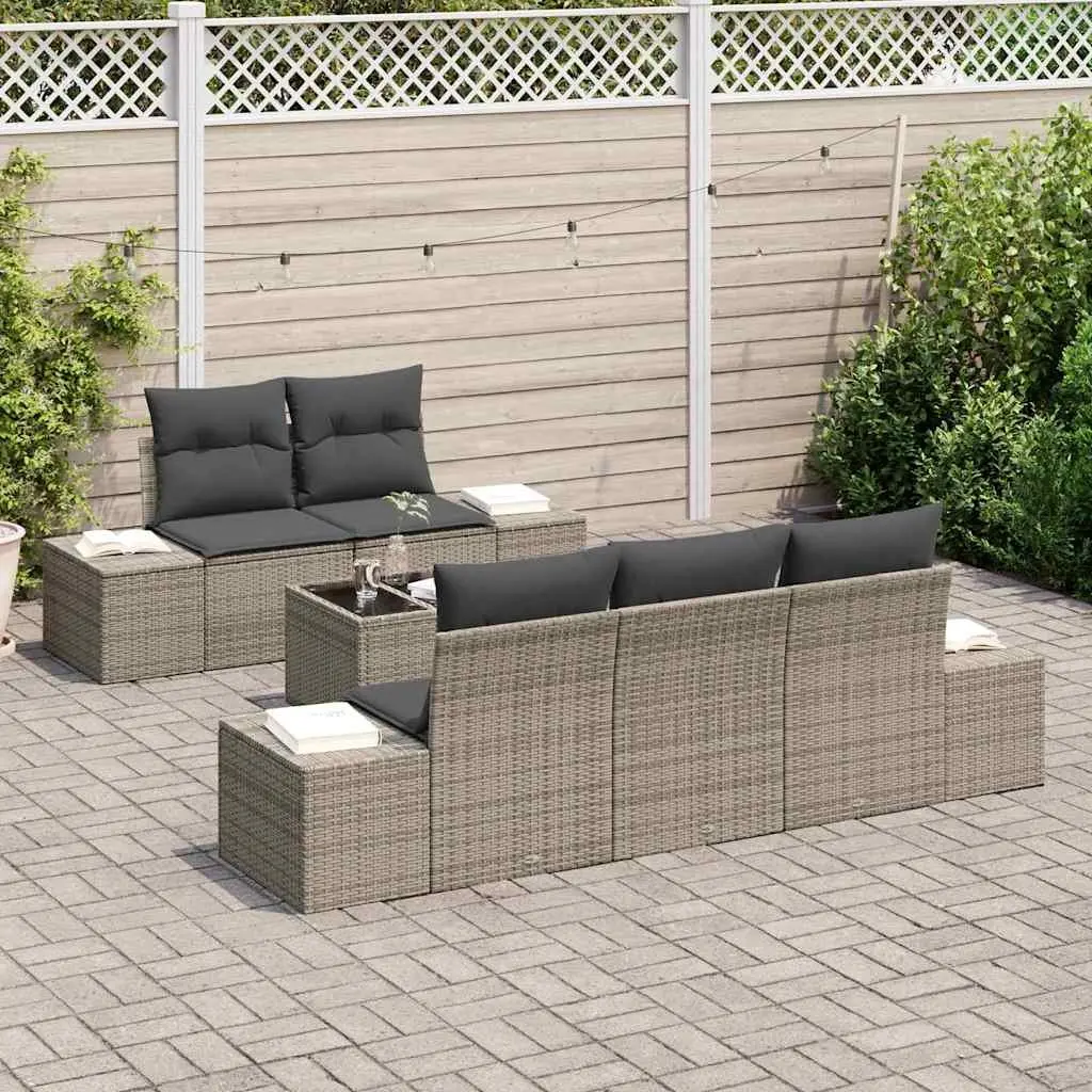 Outdoor Furniture Sofa Set Grey Poly Rattan 6 Piece with Glass Table for Patio Garden and Terrace