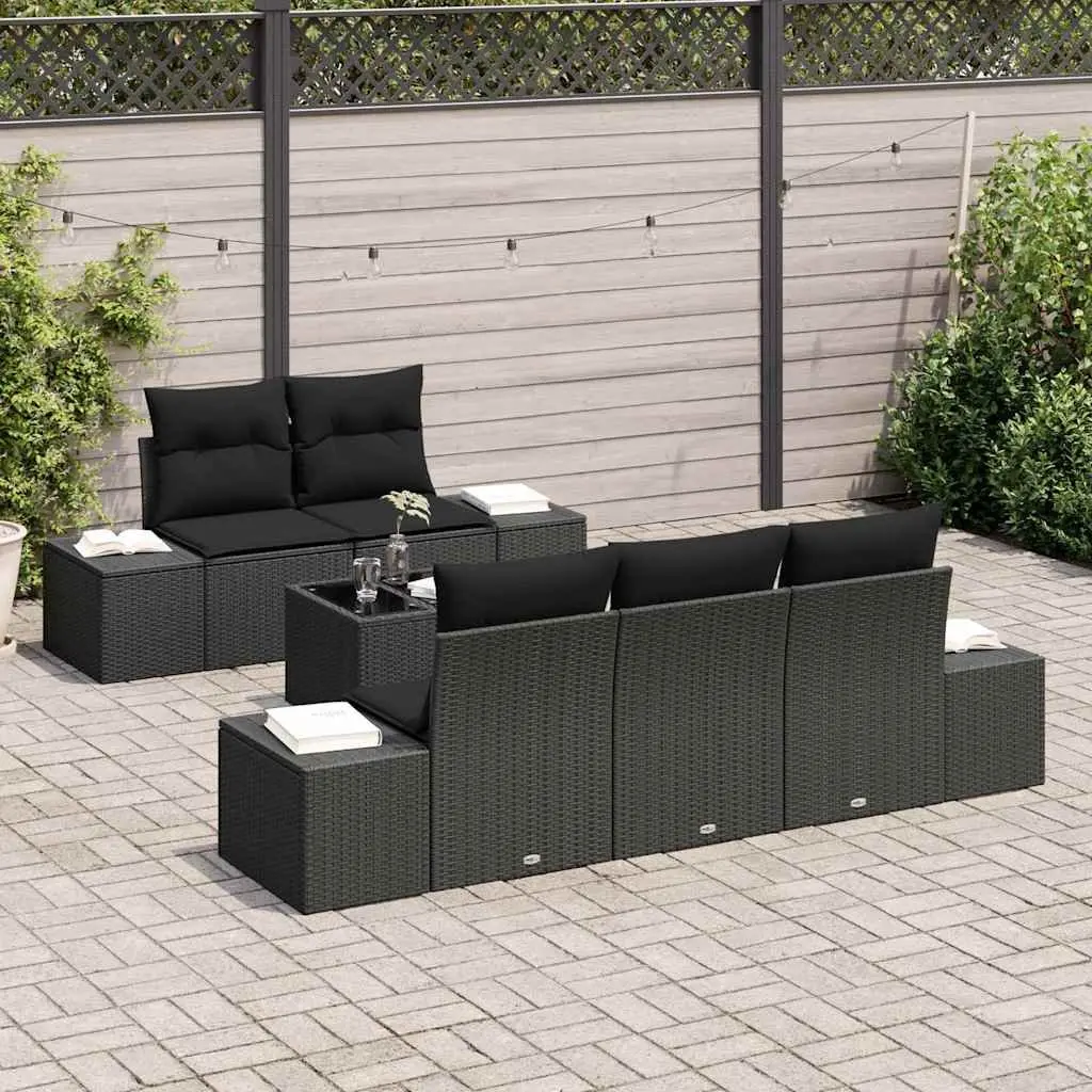 Garden Sofa Set 6 Pieces Black Poly Rattan Outdoor Furniture with Cushions