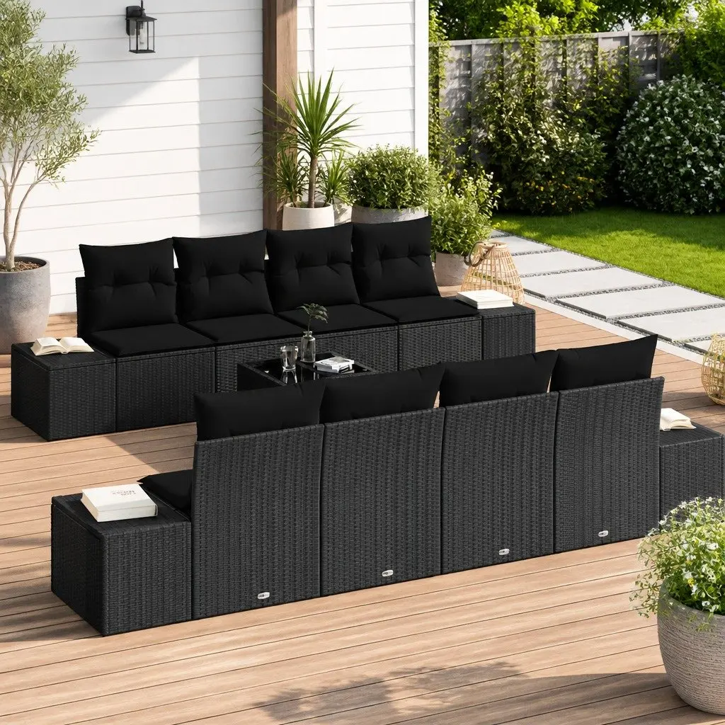 Outdoor Garden Sofa Set 8 Piece Black Poly Rattan Patio Furniture with Cushions