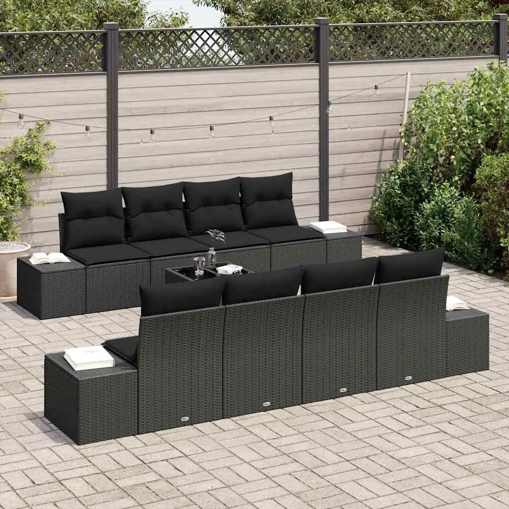 Outdoor Garden Sofa Set 8 Piece Black Poly Rattan Patio Furniture with Cushions
