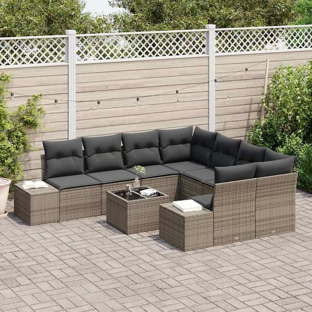 Poly Rattan Garden Sofa Set with Cushions 9 pcs Grey Outdoor Patio Furniture