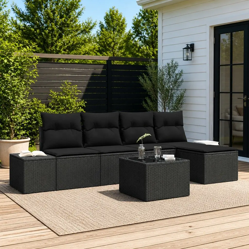 Outdoor Garden Sofa Set Modular Seating Storage 5 Piece Black Poly Rattan