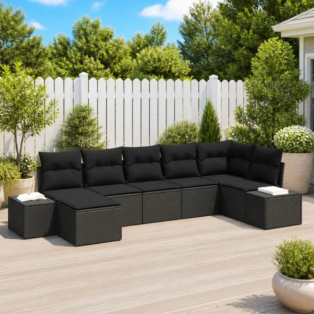 Modular Garden Sofa Set 7 Piece Outdoor Lounge Sectional with Cushions Black