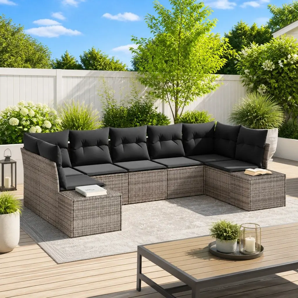 Modular Garden Sofa Set 7 Piece Outdoor Seating Grey Rattan with Storage