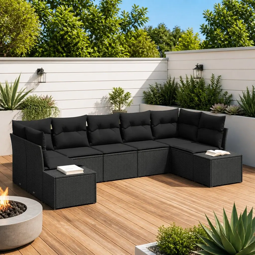 Modular Outdoor Garden Sofa Set 7 Pieces Black Poly Rattan Lounge