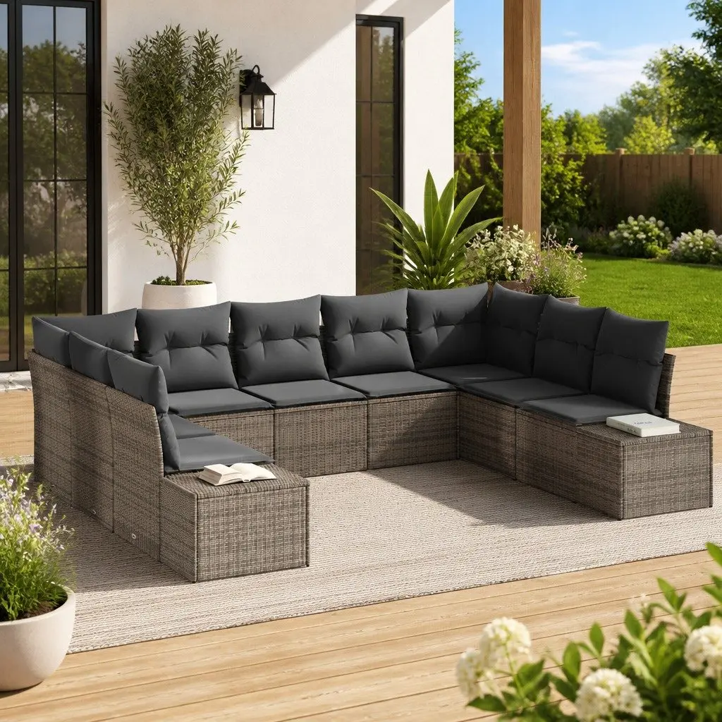 Modular Outdoor Sofa Set 9 Piece Grey Poly Rattan Cushioned Seating for Patios and Gardens