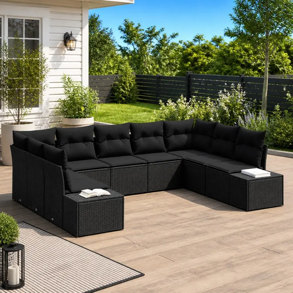 Outdoor Garden Sofa Set Modular Black Poly Rattan 9 Piece Lounge Seating