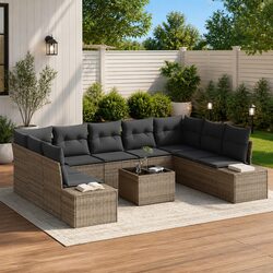 Outdoor Modular Garden Sofa Set 9 Pieces Grey Poly Rattan Corner Seat Cushioned