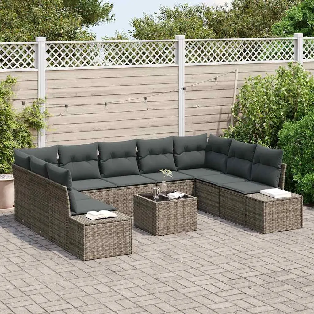 Outdoor Modular Garden Sofa Set 9 Pieces Grey Poly Rattan Corner Seat Cushioned