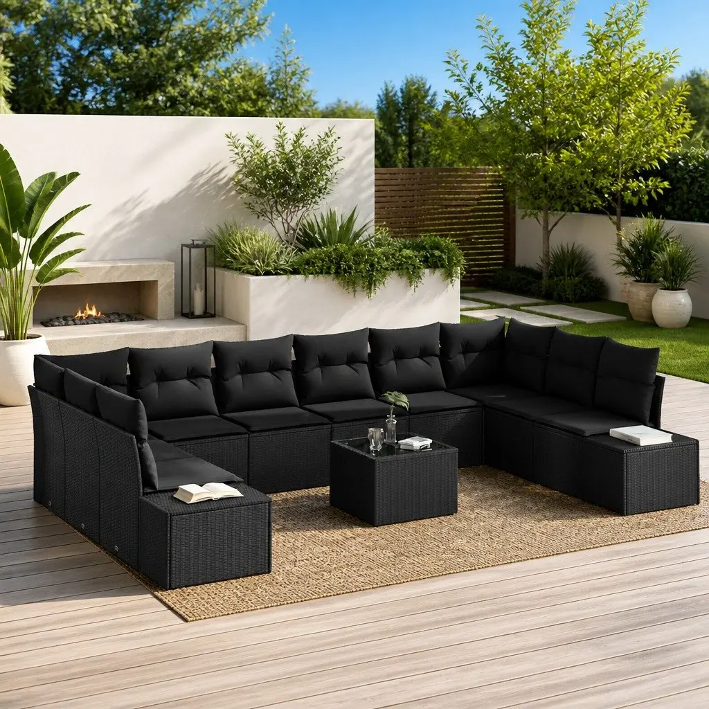 Modular Outdoor Garden Sofa Set 10 Piece Flexible Seating Black Poly Rattan