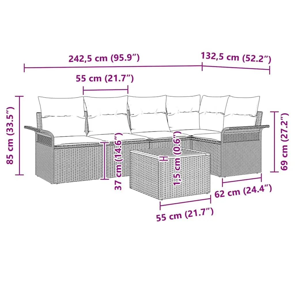 Modular Garden Sofa Set 6 Piece Outdoor Seating Grey Poly Rattan with Storage