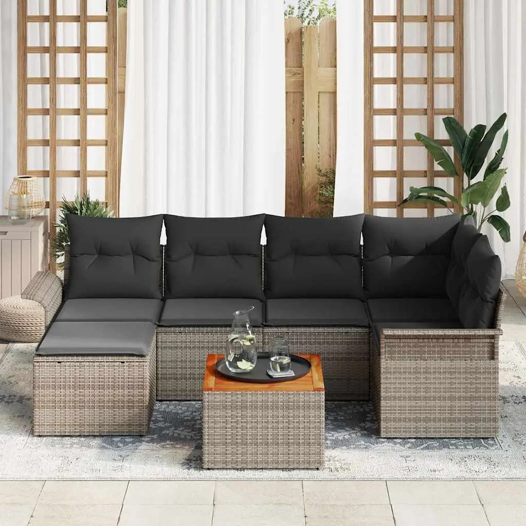 Modular Garden Sofa Set 7 Piece Outdoor Lounge Seating Grey Poly Rattan Acacia Wood
