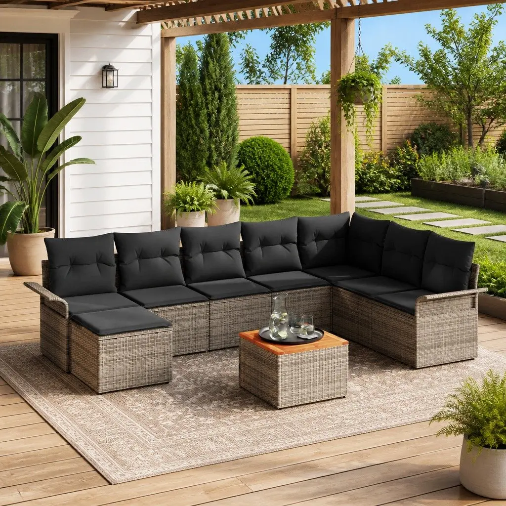 Modular Garden Sofa Set 9 Pieces Grey Outdoor Seating Poly Rattan