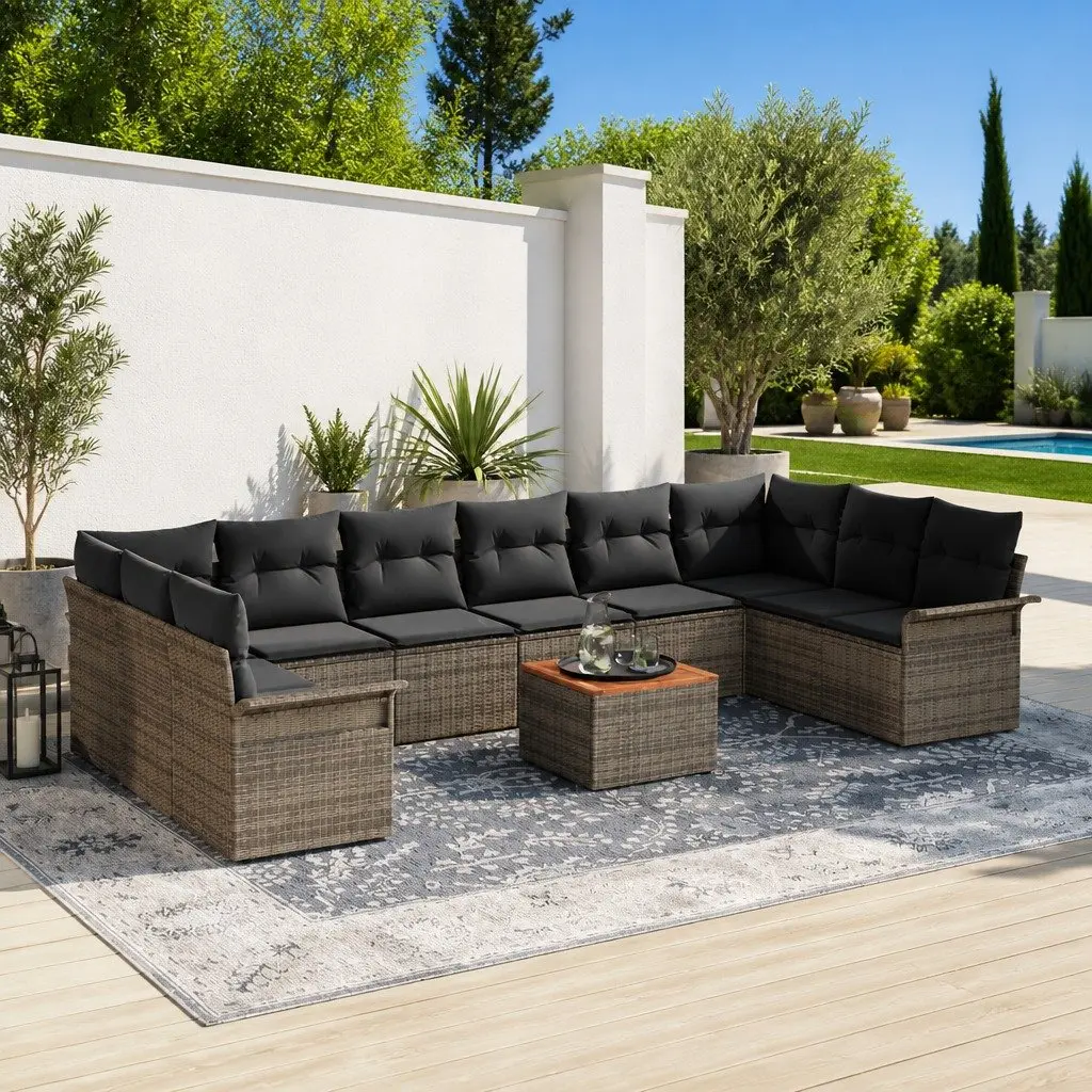 Modular Garden Sofa Set 11 Piece Outdoor Seating Grey Poly Rattan with Table