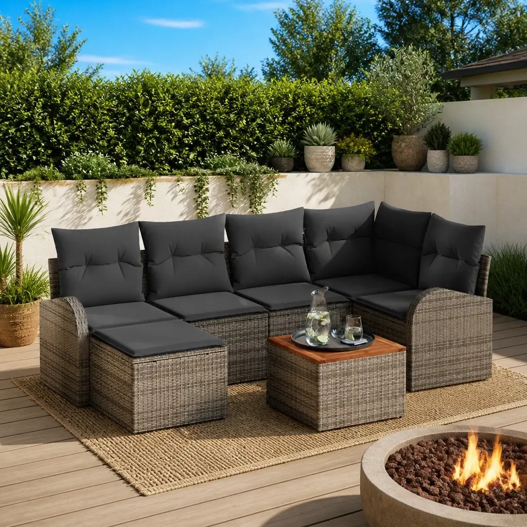 Outdoor Patio Furniture Set 7 Piece Modular Garden Sofa Grey Poly Rattan