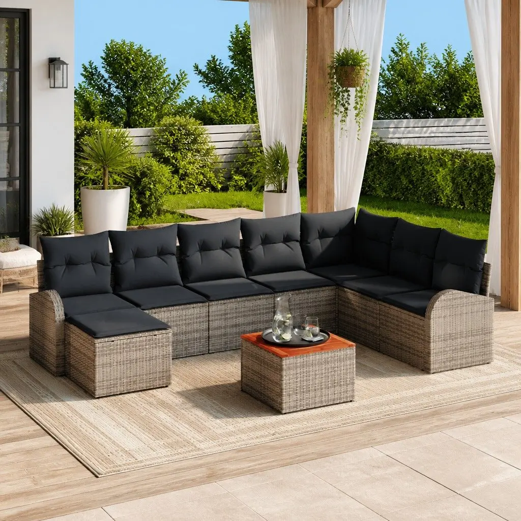 Modular Garden Sofa Set 9 Pieces Outdoor Furniture Grey Poly Rattan with Acacia Wood Accents