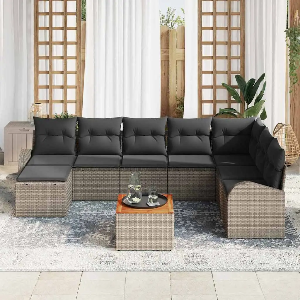 Modular Garden Sofa Set 9 Pieces Outdoor Furniture Grey Poly Rattan with Acacia Wood Accents